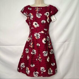 Sassafras Burgundy Floral Silk Skater dress Brand New